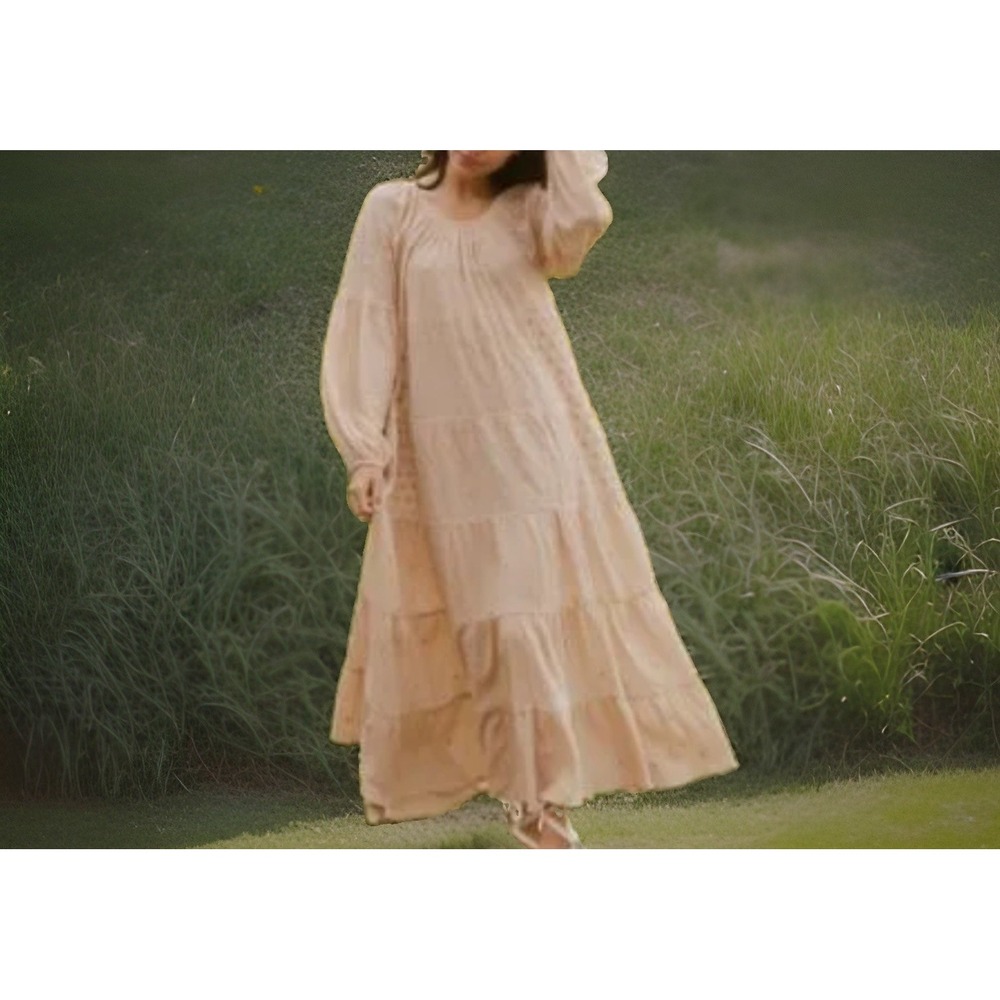 Dôen Size Medium Caraway Embroidered Scoop Neck L/S Tier Maxi Dress Toast ‼️READ